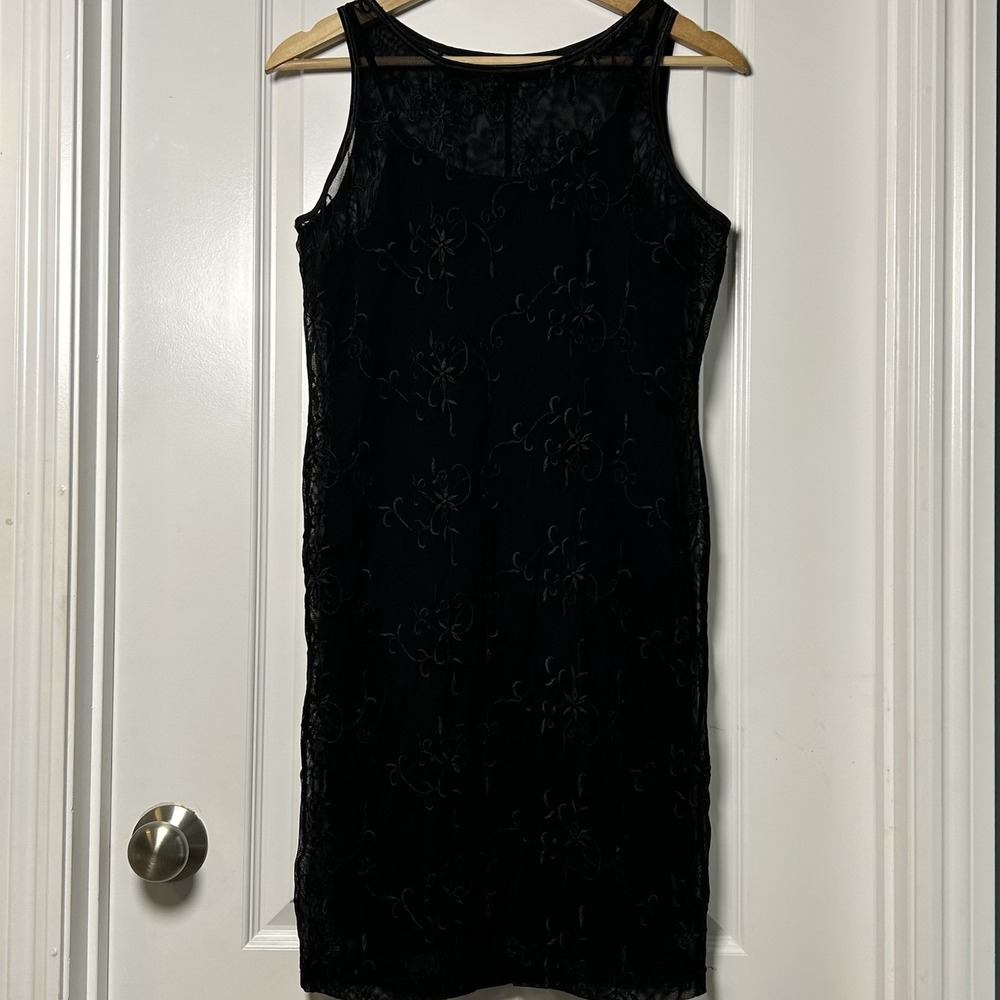 Karen Kane‎ Lifestyle Vintage Black Floral Embroidery Sheer Overlay Black Dress